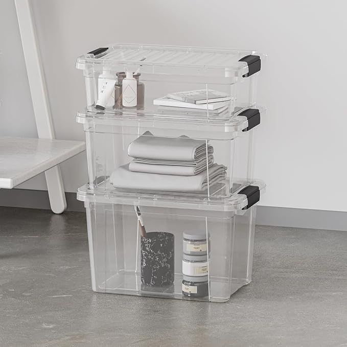 Superio Clear Storage Boxes with Lids, 3.4 Quart Plastic Container Bins for Organizing, Stackable Crates, BPA Free, Non Toxic, Odor Free, Organizers for Home, Office and Dorm, 4 Pack
