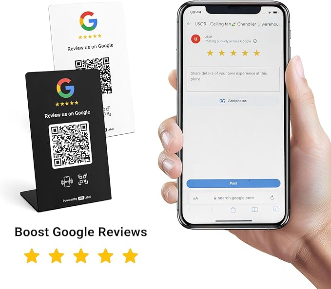 Hotlabel Review Stand 2-Pack + Black & White + for Boosting Google Reviews + NFC Tap & QR Code + Share 1 Independent Link (Supports 1 Store) + All Phones Compatible + No App/Subscription