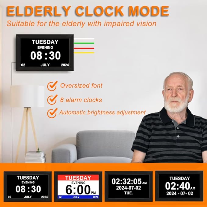 TIMEMOON Digtial Calendar Clock with Day and Date Alarm Clock with Weather Temperature Humidify Alzheimers Elderly Auto Dimmable 8 Alarm Options (10.1 Inch Black)