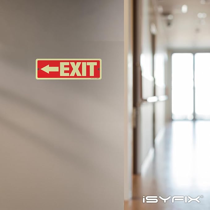 iSYFIX Exit Signs with Directional Left Arrow, Glow in the Dark, Photoluminescent Aluminum 12x4 Inch - 12 Pack, Laminated for UV & Weather Resistance, Ideal for Offices, Schools, Theaters & More