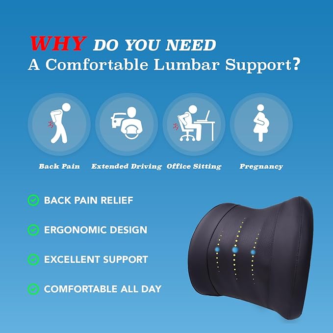 Lofty Aim Lumbar Support Pillow for Car, Memory Foam Lumbar Pillow for Lower Back Pain Relief - Back Cushion for Driving, Chair Support for Car-Office Chair, Wheelchair - Classic Black