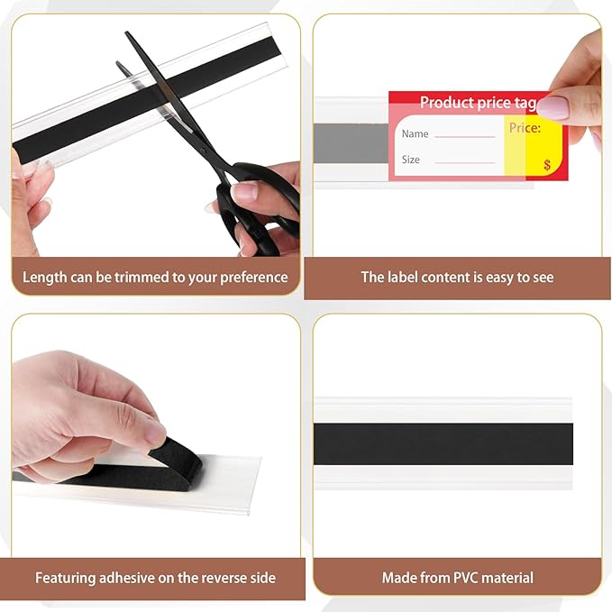 60 Pcs 47.8 x 1.37 Inch Shelf Label Strips Black Clear PVC Ticket Channel Back Adhesive for Stick on Price Data Tag Holder for Convenience Supermarkets Shops