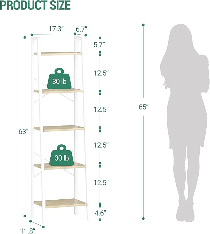 Hzuaneri Ladder Shelf, Bookshelf Bookcase, Freestanding Corner Storage Shelve with 2 Hooks for Home Office, Living Room, Kitchen, Bedroom, Industrial, 11.8" D x 17.3" W x 63" H, White Oak and White