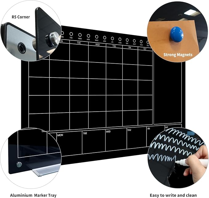 JYYPWB Magnetic Glass Whiteboard 36X24 Monthly Planner Calendar Dry Erase Board for Home, School, Office, Frameless, with Markers, Marker Tray, Eraser, Magnets (Black)