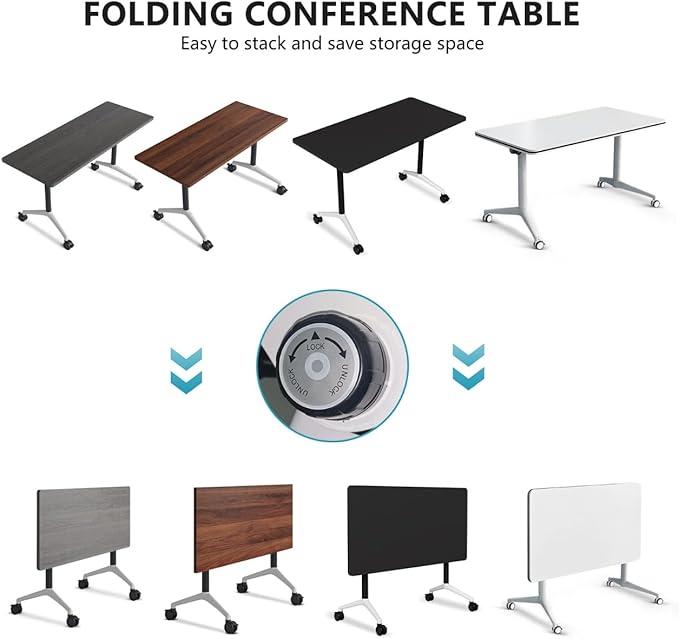 Goakwwuz Conference Room Table, Folding Conference Tables,Thicken Grey Tabletop,Flip Top Wooden Seminar Meeting Room Table for Conference Room Offices (10, Black+White, 61.0“)