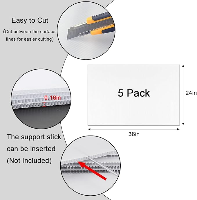 Poster Board 24" x 36", 5 Pack White Corrugated Plastic Board, 3/16 Inches Thick Double-sided Poster Sheets for School Projects, Craft, Art