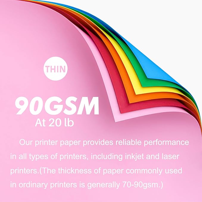 Colored Copy&Print Paper 8.5X11 Inches,180 Sheets 9 Colors Rainbow A4 Printer Paper 20 lb/90GSM Colored Origami Paper for Cutting DIY Kids Art Craft
