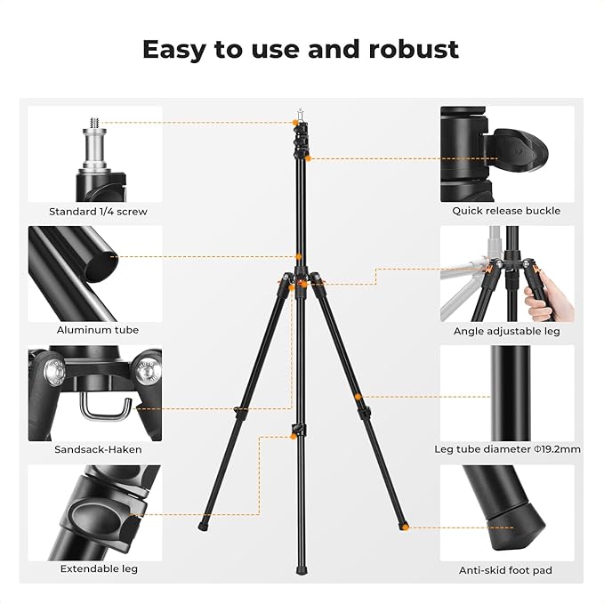 K&F CONCEPT Extendable Photography Stand, Adjustable 6.56ft/78.7"/2M Aluminum Tripod with 1/4" Screw, 2-Pack Reversible Portable Studio Lighting Tripod for Strobe Light/Webcams/Cameras with Bag