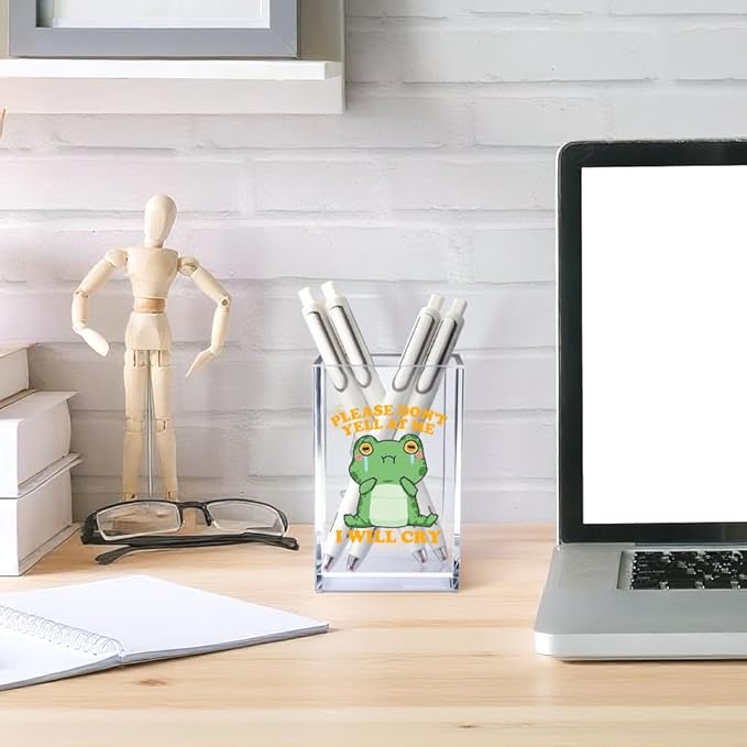 Vgrti Please Don't Yell at Me I Will Cry Acrylic Cosmetic Pencil Pen Holder Cup, Funny Frog Desk Organizer Accessory for Home Office Decor, Frog Lover Gifts, Sarcastic Work Gifts for Coworker Teacher