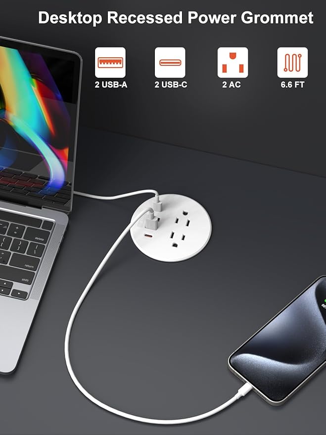 Recessed Power Grommet 3 inch with PD20W USB C Ports 2 AC Outlets,Recessed Outlet Fast Charging Station,Desk Hole Grommet Outlets,Round Desktop Power Grommet Outlet for Office,Home (White, 20W USB)
