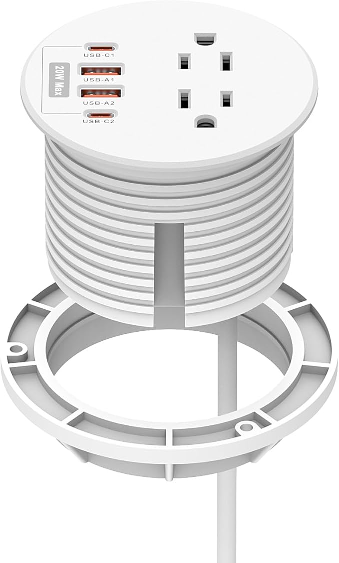 Recessed Power Grommet 3 inch with PD20W USB C Ports 2 AC Outlets,Recessed Outlet Fast Charging Station,Desk Hole Grommet Outlets,Round Desktop Power Grommet Outlet for Office,Home (White, 20W USB)
