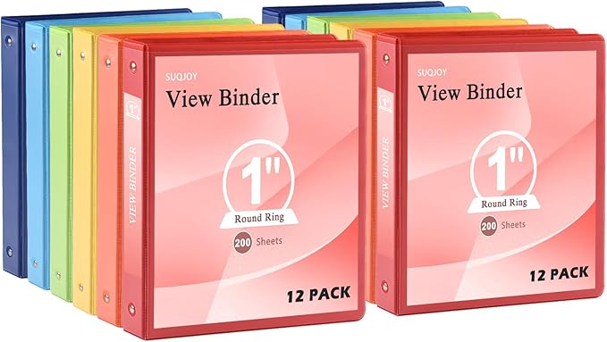 SUQJOY 1-inch 3 Ring Binder with 2 Inside Pockets, 1'' Basic Binders Holds US Letter Size 8.5'' x 11'' Paper - Versatile Binders for Office, School and Home Use (Pack of 12, Assorted Color)