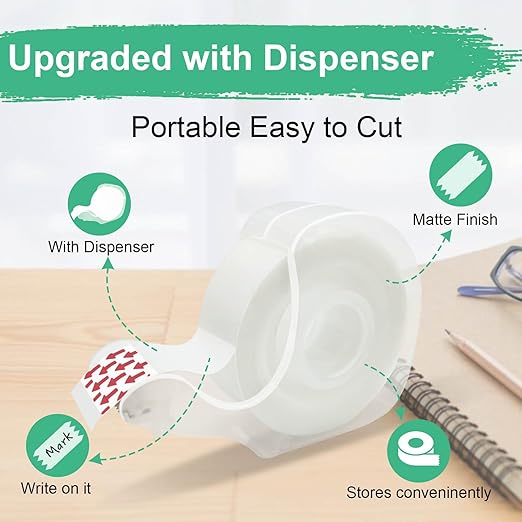 BeataTap Tape Bulk, Clear Tape, Invisible, Matte Finish, Writable, 3/4 in x 650 in, Transparent Tape, 12 Rolls with Dispensers, Ideal for Gift Wrapping, School Supplies & Office Use