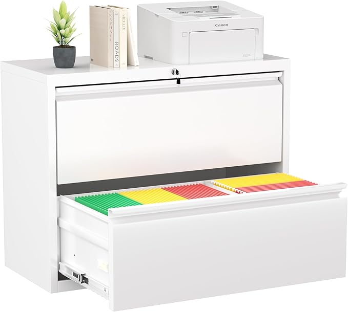 Greenvelly 2 Drawer File Cabinet, Metal Filing Cabinet with Lock, White Lateral File Cabinet for Home Office, Locking File Cabinet for Letter/Legal/F4/A4 Size Hanging Files, Easy Assembly