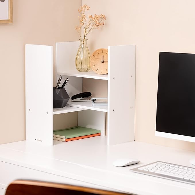 Navaris Desk Organizer Shelf Unit - Desktop Shelves for Table or Countertop - Free-Standing Adjustable Bamboo Shelving for Kitchen or Office - White