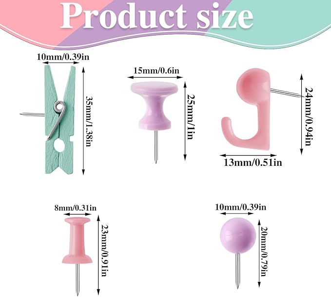 200 Pieces Push Pins Set, 5 Types Colorful Thumb Tacks Cute Decorative Push Pins for Wall Cork Board Bulletin Boards with Storage Box