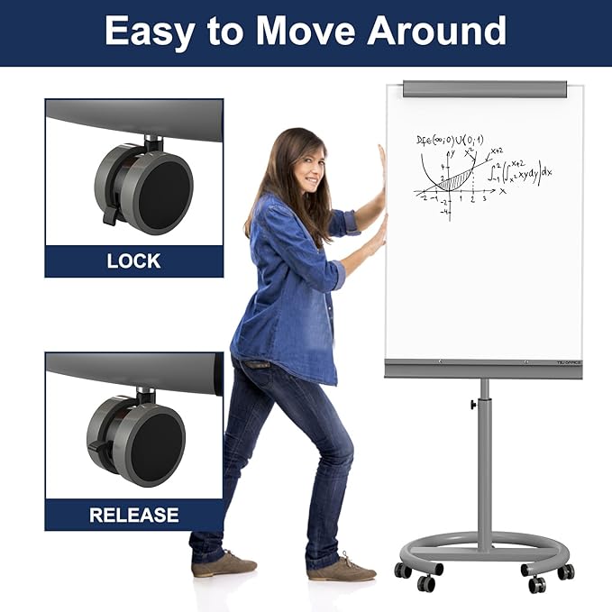TSJ OFFICE Rolling Whiteboard Standing - 40 x 26 Inches Magnetic Mobile White Board with Stand, Height Adjustable Dry Erase Board on Wheels with Paper Clamp on Top, Gray