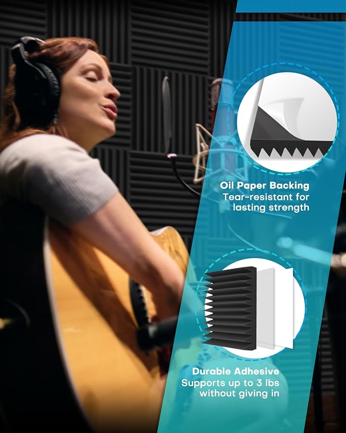 Knightsacoustic 24 Pack Sound Proof Foam Panels with Self Adhesive, 12x12x1 Fire Resistant Acoustic Foam Panels, High Density Acoustic Panels Sound Absorbing, Studio Noise Cancelling Black Grey