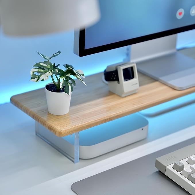 ROCDEER Bamboo Monitor Stand Riser with RGB Lights,31.5 Inches Desktop Shelf with Acrylic Legs Supports for Desk, PC Computer Monitor, Laptops, Printer, Speakers (Natural)
