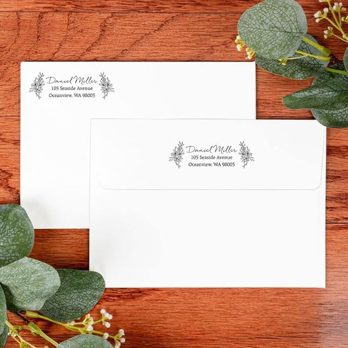 Custom Floral Address Stamp | Choose from 12 Designs | Multiple Ink Color Options | Envelope Return Address Stamp for Couple or Family (Design 9, Large)