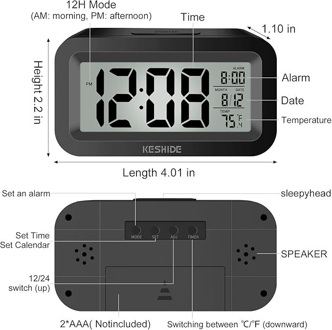 KESHIDE Travel Digital Alarm Clock, Battery Operated with Indoor Temperature, Desk Small Clock,Snooze Model,12/24H Display for Bedrooms Heavy Sleepers Kids Travel Bathroom (Black)