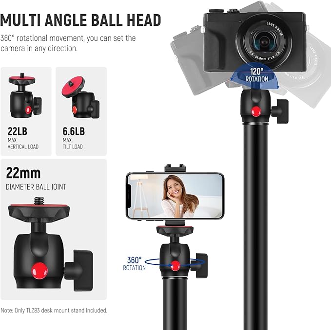 NEEWER Camera Desk Mount with Phone Holder & 360° Ball Head, 17"-40"/43-102cm Telescopic C Clamp Table Light Stand 1/4"Screw, Desktop Stand 6.6lb/3kg Max Load for DSLR Camera, Webcam, Ring Light,TL283