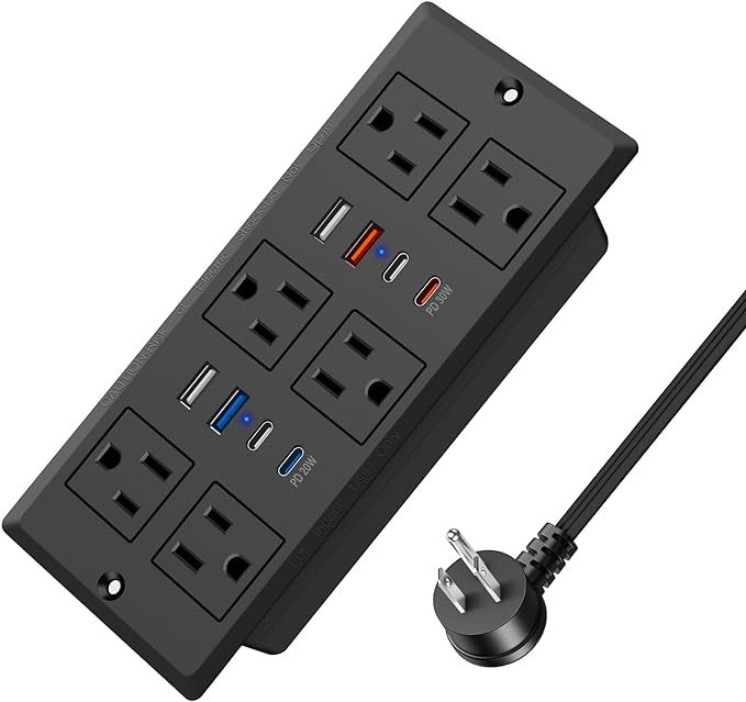 Recessed Power Strip with PD 30W Fast Charging, Conference Desk Flush Mount Outlets Plug in 6 Outlets & 8 USB Ports,3FT Cord Furniture Drawer Outlet Black