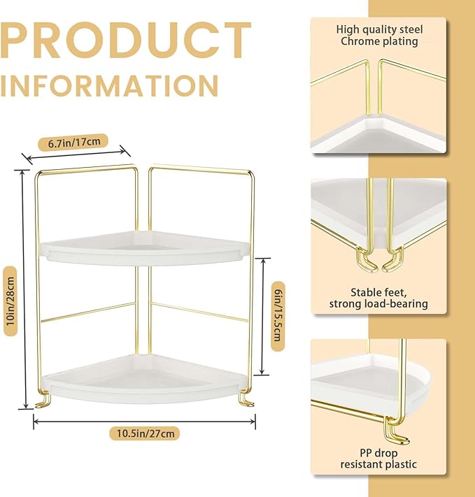 JANUS LiANG 2-Tier Corner Bathroom Countertop Organizer, Tiny Counter Corner Shelf Skincare Makeup Perfume Organizer and Organization for Kitchen (Luxury Gold)