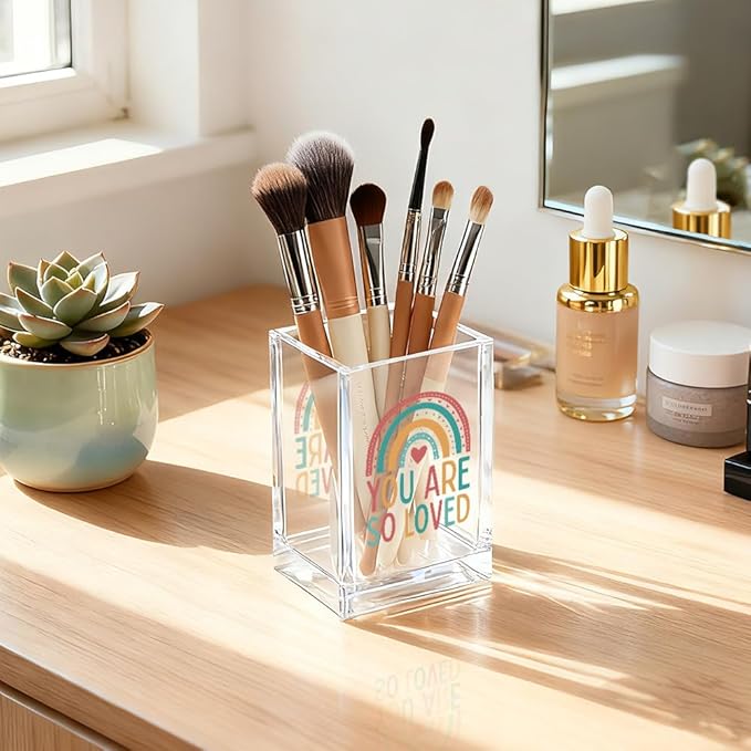 QYUVK You Are So Love Acrylic Cosmetic Holder, Pink Bow Clear Makeup Brush Holder Countertop, Storage Box for Makeup, Christian Bible Verses Birthday Gifts for Women Girlfriend Her