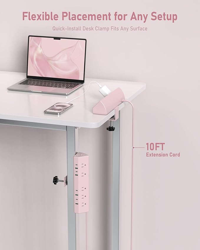 Jgstkcity Desk Clamp Power Strip,45W Fast Charging Station,4 USB-C,4 USB-A,1200J Surge Protector,ETL Listed,1875W Extension Cord,Multiple Outlets for Home, Office (Pink, 10 FT Cable)