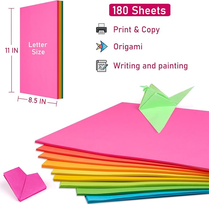 Colored Print&Copy Paper 8.5x11 Inches,180 Sheets 6 Colors Pastel A4 Printer Paper 20 lb/90GSM Colored Multipurpose Computer Pastel Paper for Office Printer School Cutting DIY Kids