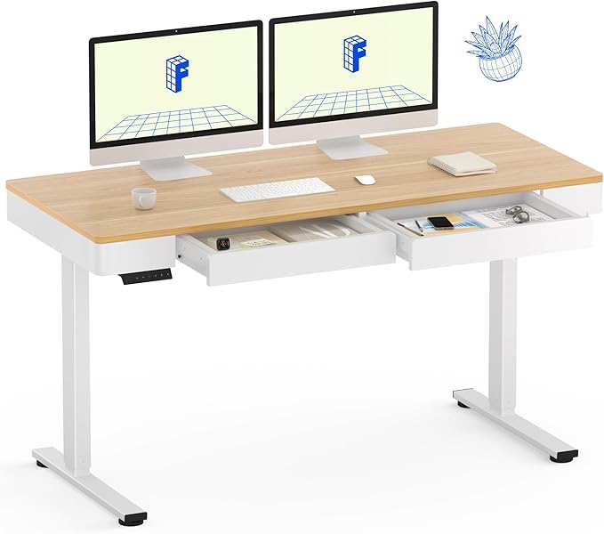 FLEXISPOT Q5 Standing Desk with Drawer, 55 x 24 Inch Whole Piece Electric Adjustable Height Stand Up Computer Workstation for Home, Office, Maple