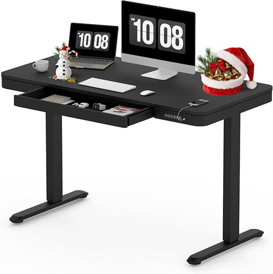 SANODESK Standing Desk with Drawer, Electric Height Adjustable Home Office Desk with Storage & USB Ports, 48 inch Black Wood Tabletop/White Frame