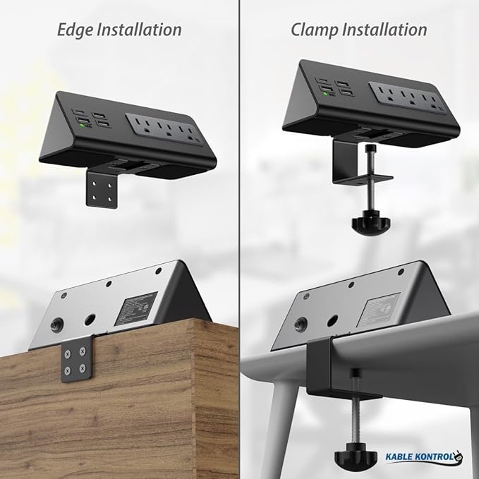 Kable Kontrol Desk Clamp Power Strip with USB-C Port, Nightstand Charging Station, 3 AC Outlets, 3 USB-A Ports, Fast Charger, Easy Installation for Home, Offices, Hotels – 4.9 Ft, Black, 200 Pcs