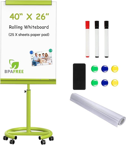 TSJ OFFICE Rolling Whiteboard Standing - 40 x 26 Inches Magnetic Mobile White Board with Stand, Height Adjustable Dry Erase Board on Wheels with Paper Clamp on Top, Green