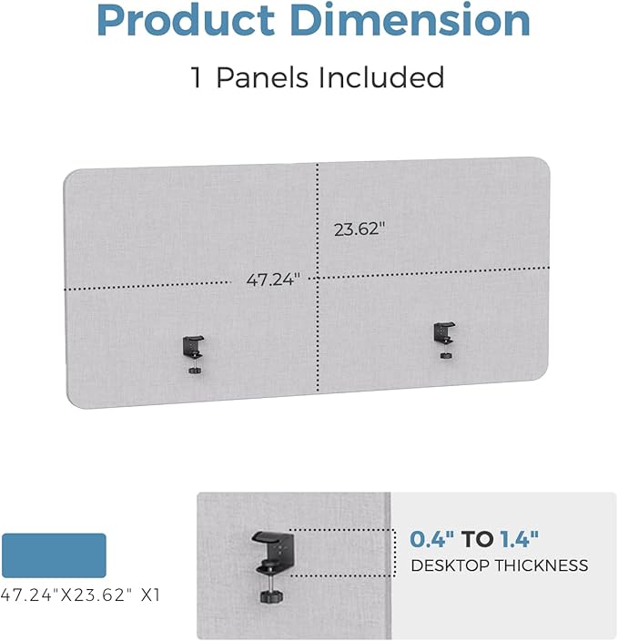 MORDEER 47.2" Privacy Desk Divider Panel, Acoustic Divider Panels for Office, Clamp-on Cubicle Office Room Dividers, Easy Assemble, Light Grey