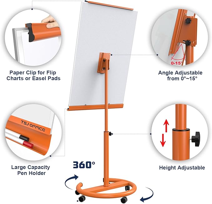 TSJ OFFICE Rolling Whiteboard Standing - 40 x 26 Inches Magnetic Mobile White Board with Stand, Height Adjustable Dry Erase Board on Wheels with Paper Clamp on Top, Orange