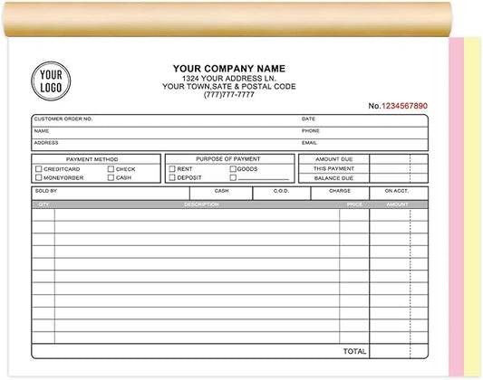 Custom Invoice Book with Logo 50 Set Personalized Receipt Books Customized Invoices for Small Business 3 - Parts Carbonless Duplicate Invoice Forms NCR Books