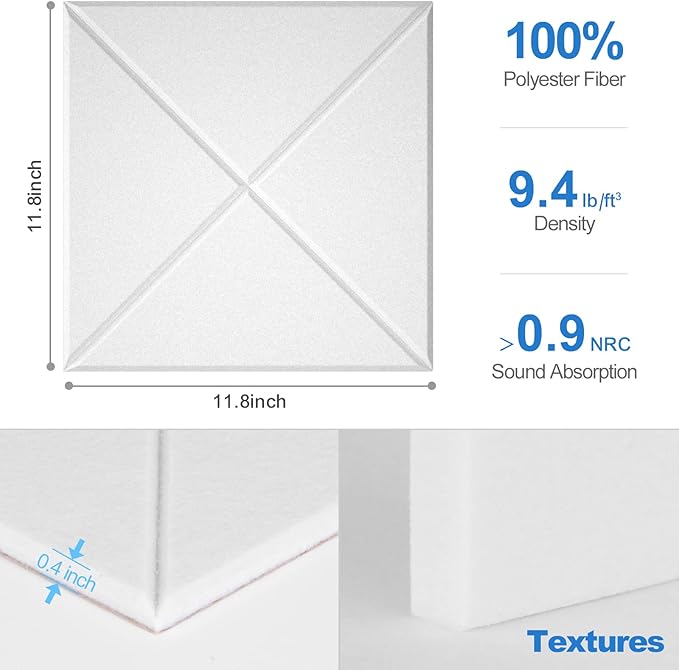 Sonicism 12 Pack X-Lined Acoustic Panels with Self-Adhesive, 12"X 12"X 0.4" Sound Proof Foam Panels, Decorative Soundproof Wall Panels, Sound Absorbing Tile for Home & Offices, Blue