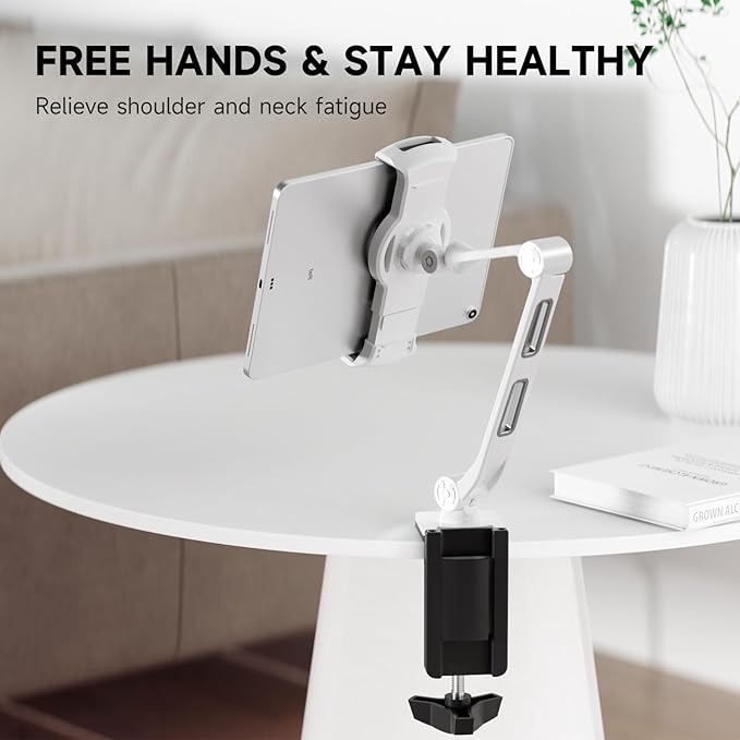 suptek Aluminum Tablet Desk Mount Stand 360° Flexible Cell Phone Holder for iPad, iPhone, Samsung, Asus and More 4.7-11 inch Devices, Good for Bed, Kitchen, Office (YF208BW)