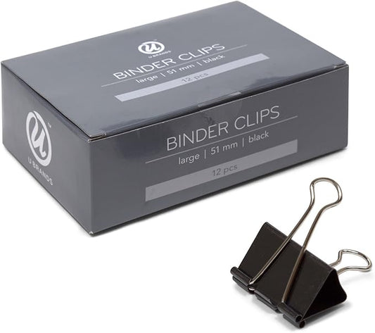 U Brands Binder Clips, Large 2-Inch Width, 1-Inch Paper Holding Capacity, Black and Silver Steel, 12-Count
