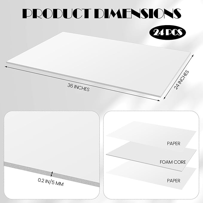 Elcoho 24 Pack White Foam Board, 24 x 36 Inch Acid-Free Foam Core Board, 5mm Thick Double Sided White Poster Boards for Presentation Art Display Office School Projects Crafting Sign Making