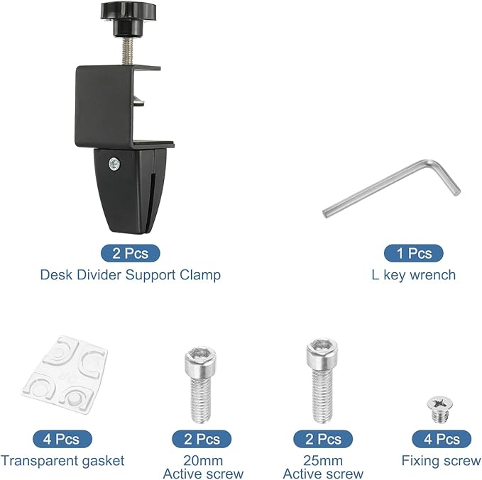 PATIKIL 2 Pcs 1/8" to 1/2" Adjustable Desk Divider Partition Clips, Aluminum Sneeze Guard Support Clamps Desktop Divider Clips for Offices Stores, Counter Privacy Panel,Black