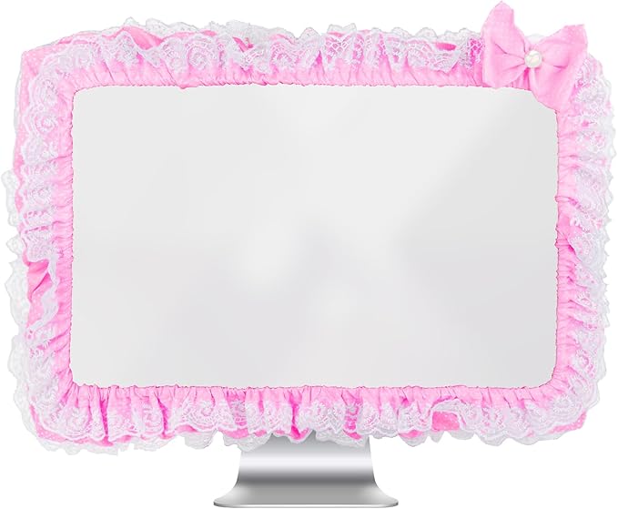 Kingshion 23"-27" Lovely Cute Computer Monitor Cover with Lovely Cute Elastic Pen Pocket Bow-knot TV LCD Screen Monitor Decoration Dust Cover Protector, Lace Fabric, Pink