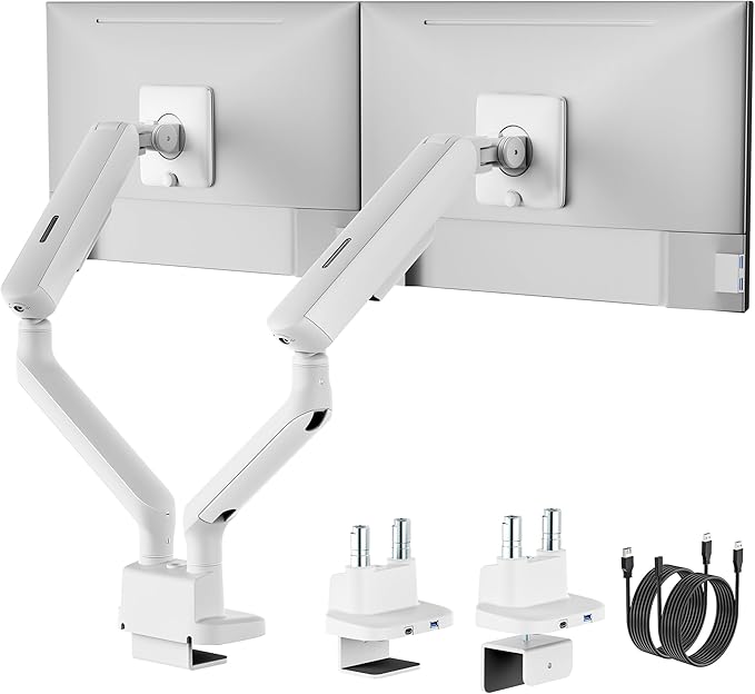 monTEK Dual Monitor Arm with USB, Mechanical Spring Monitor Arm for 17-35" Screens, Adjustable Monitor Desk Mount Each Holds up to 24.2 lbs with C Clamp/Grommet Desk Mount, VESA 75/100mm, MA1011UCWH-D