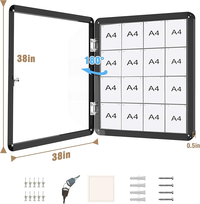 Mifuro 38"x38" Enclosed Bulletin Board, Lockable Weather-Resistant Aluminum Cork Noticeboard for School & Office, Black Frame w/Grey Flet