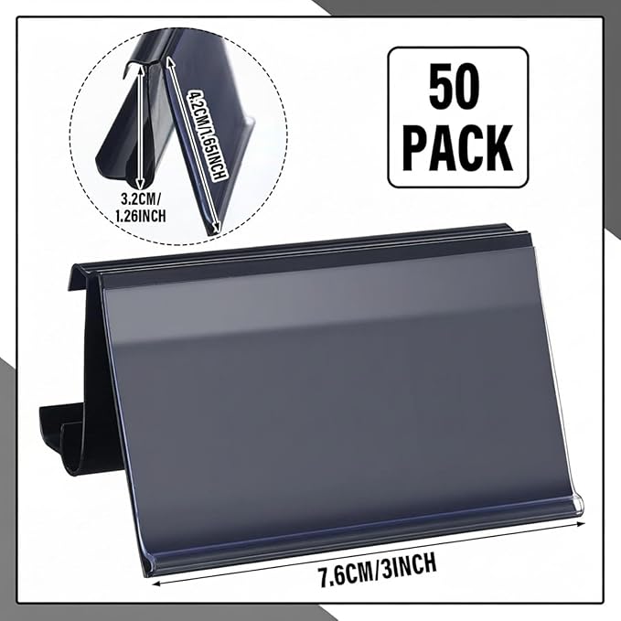 Kathfly 50 Pcs Wire Shelf Label Holders Compatible with Metro 1-1/4in Shelves, Plastic Wire Rack Label Holder 3" l x 1.25" H Price Tag Shelf Clips On, Black