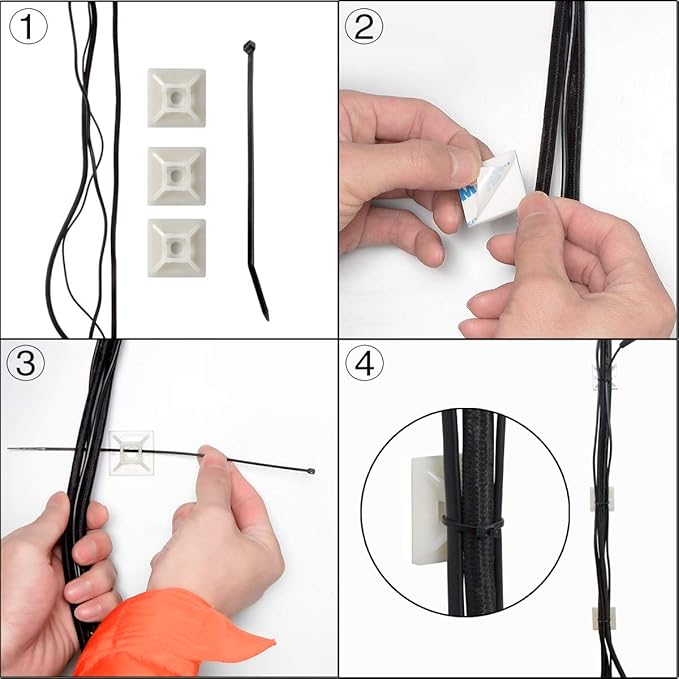 XHF 100 PCS 1.1" White Self Adhesive Cable Zip Tie Mounts Wire Cable Clips Holders Management Anchors Organizer Holders Squares(HS-102)