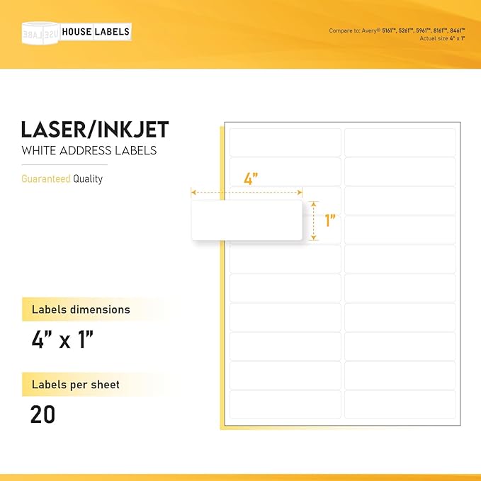 HOUSELABELS 20-up Shipping Labels (4" x 1") for Laser and Inkjet Printers, 50 Sheets