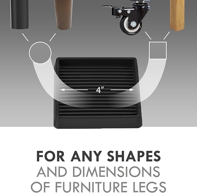 4X4 Rubber Caster Cups, Non Slip Furniture Pads, Anti-Slip Gripper, Anti Skid Furniture Feet, Anti Slide Floor Protector for Bed Couch Stoppers (8 Pack, Black)